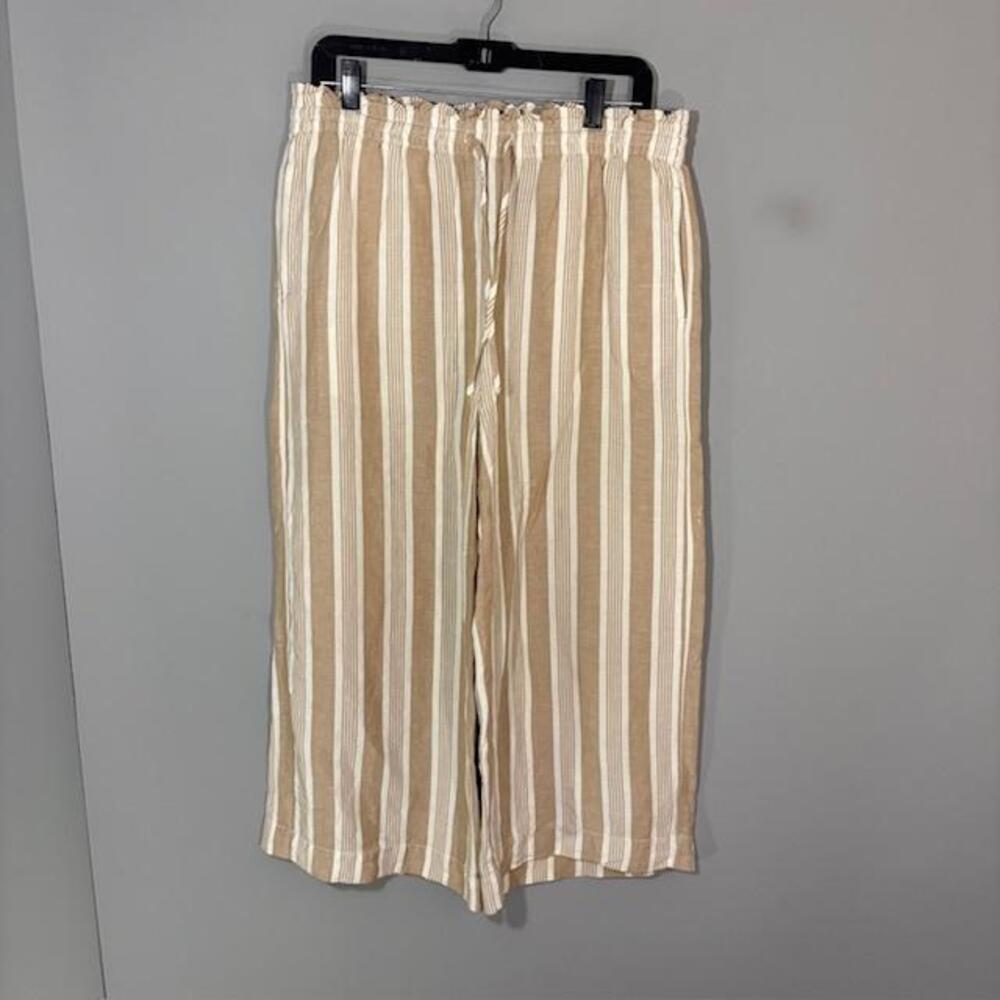 Madewell Pants Womens M Beige Stripe Linen Viscose Crop Wide Leg Drawstring